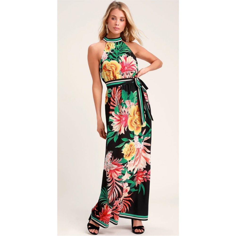 Lulus Tropic of Conversation Black Tropical Print Halter Maxi Dress